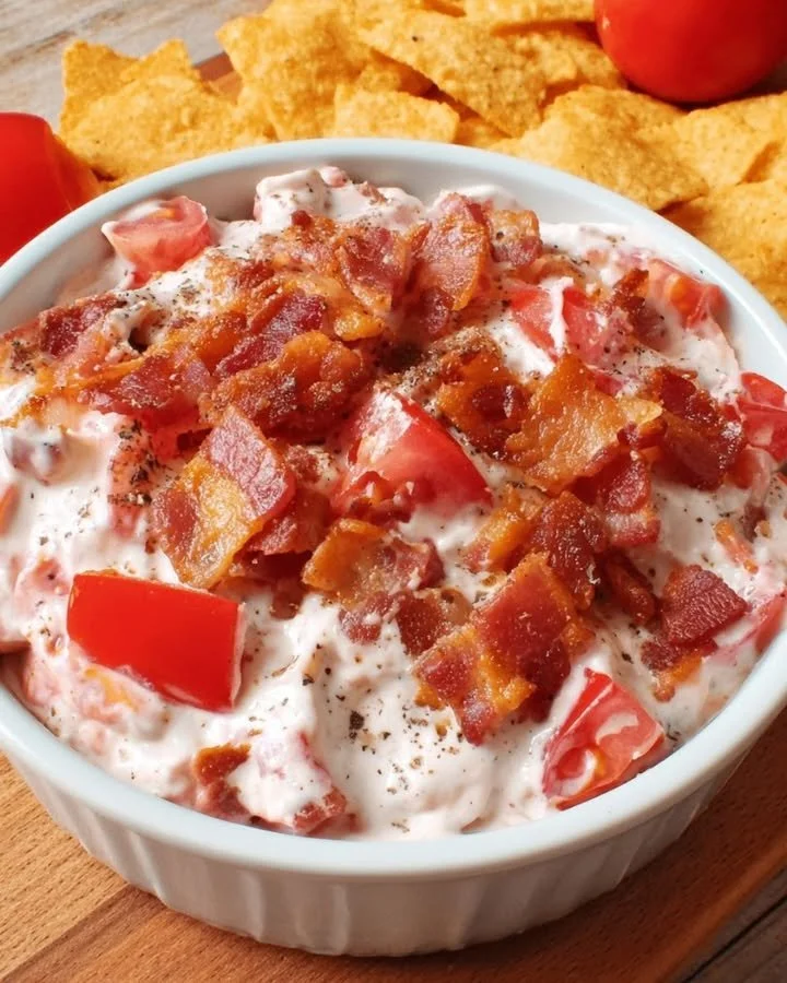 Delicious Bacon Tomato Dip served with crackers and vegetables