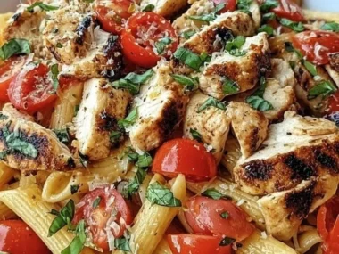 Delicious bruschetta chicken pasta topped with fresh tomatoes and basil.