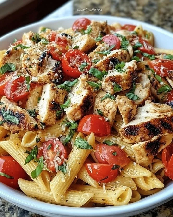 Delicious bruschetta chicken pasta topped with fresh tomatoes and basil.