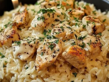 Creamy Garlic Parmesan Chicken Rice Bake served on a plate