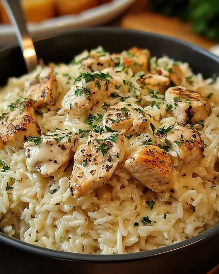 Creamy Garlic Parmesan Chicken Rice Bake served on a plate