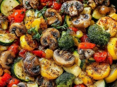 Dish of easy baked zucchini with squash and colorful veggies on a plate.