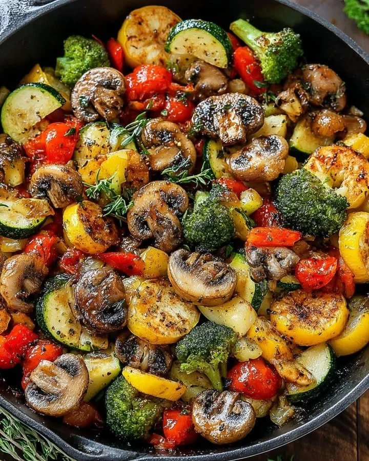 Dish of easy baked zucchini with squash and colorful veggies on a plate.