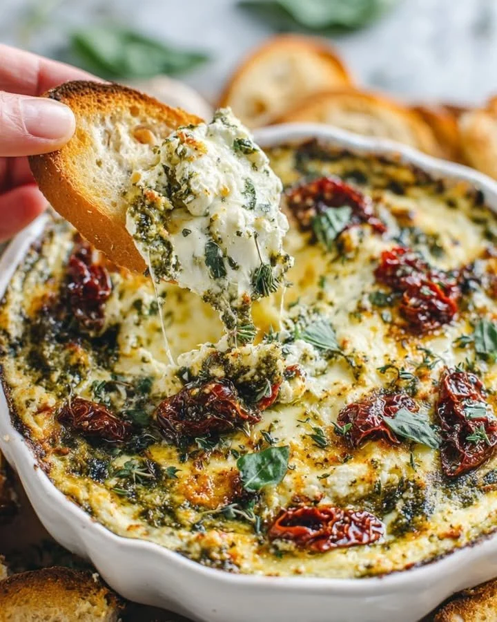 Delicious cheesy baked pesto dip with sun-dried tomatoes served as a party appetizer.