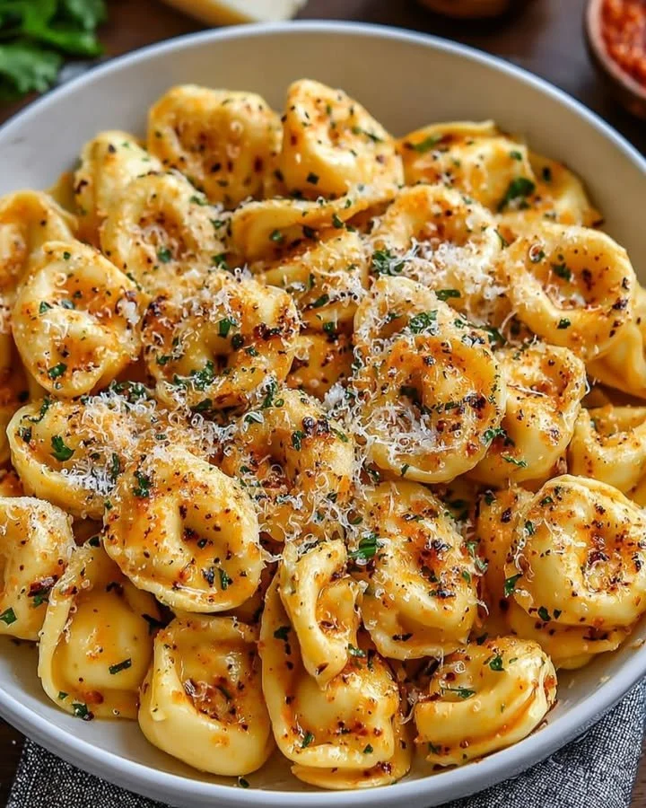 Plate of easy garlic herb parmesan tortellini topped with fresh herbs