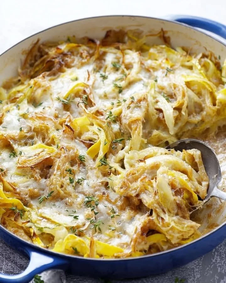Delicious French Onion Zucchini Bake fresh out of the oven, garnished and ready to serve.