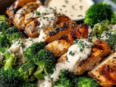 Grilled chicken and broccoli bowls topped with creamy garlic sauce, healthy dinner option