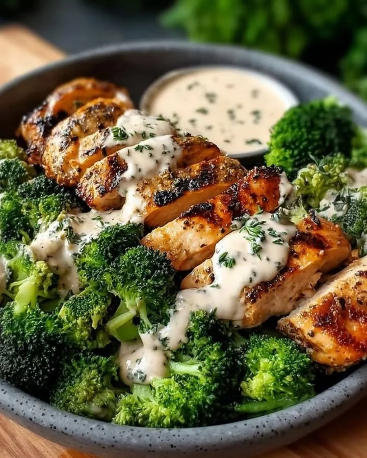 Grilled chicken and broccoli bowls topped with creamy garlic sauce, healthy dinner option