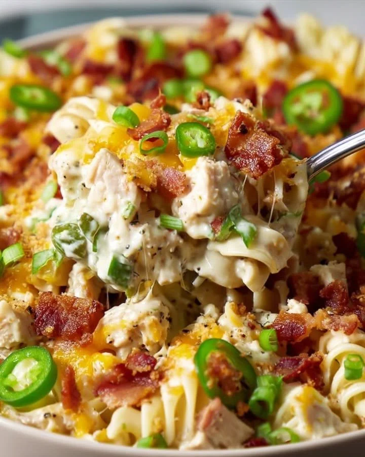 Delicious Jalapeño Popper Chicken Casserole topped with cheese and jalapeños