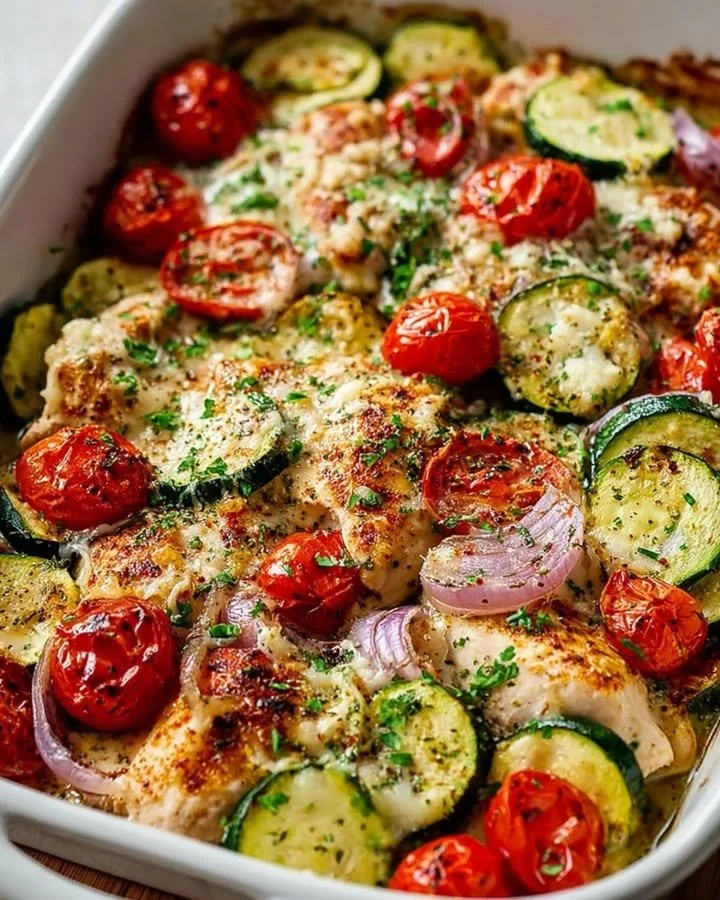 Baked Mediterranean Chicken with Zucchini and vibrant vegetables