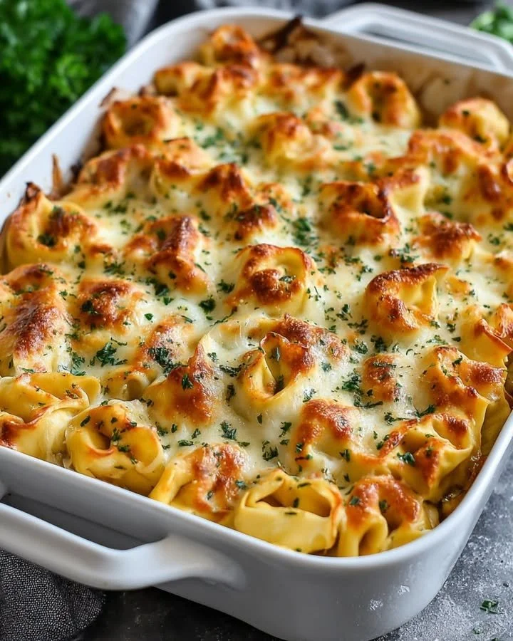 Delicious Million Dollar Baked Tortellini Casserole topped with cheese