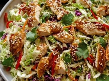 Sesame Chicken Cabbage Crunch Salad with colorful vegetables and dressing