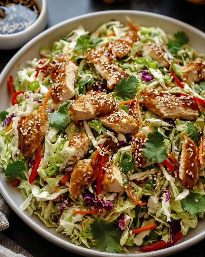Sesame Chicken Cabbage Crunch Salad with colorful vegetables and dressing