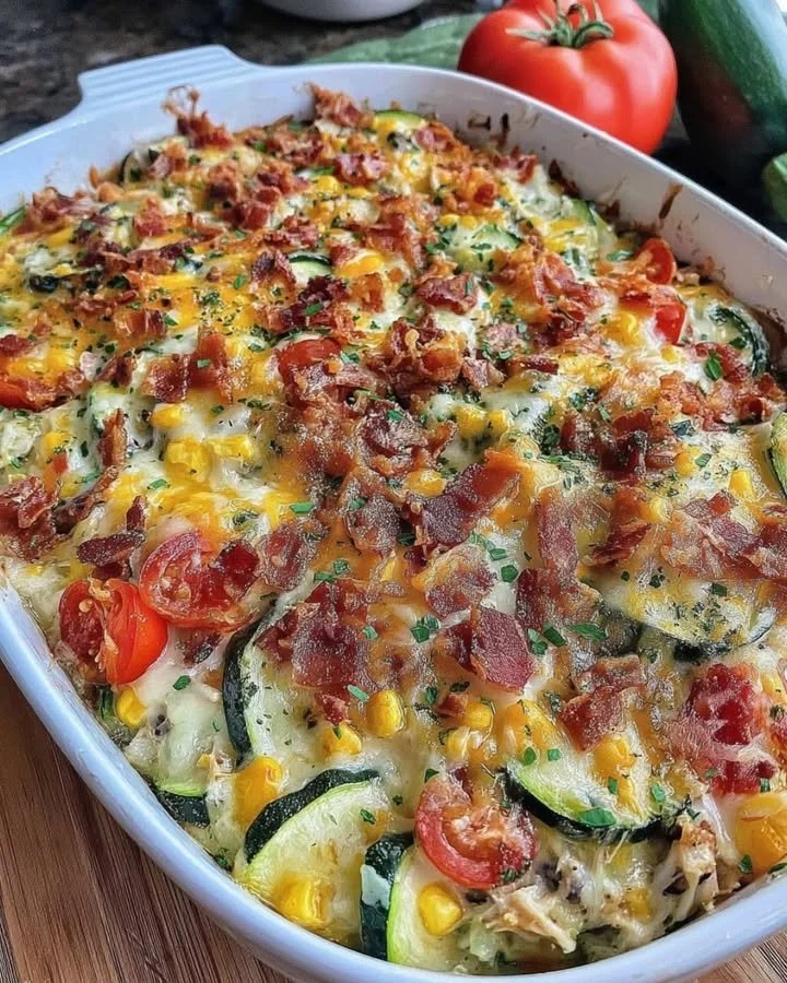 Tex-Mex Bacon Ranch Chicken Zucchini Bake with fresh ingredients