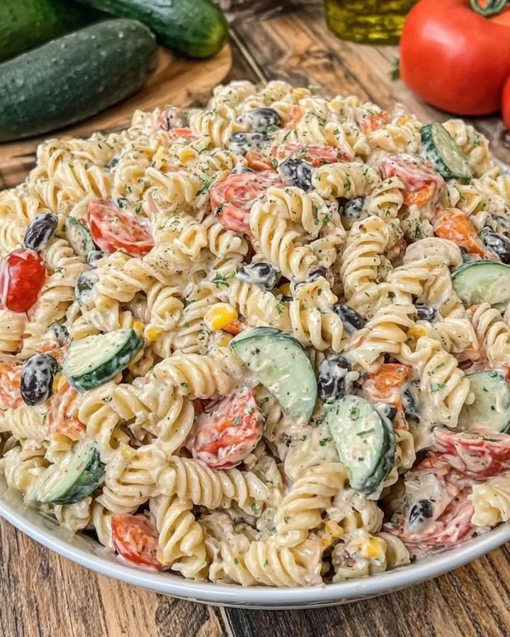 Tex-Mex Ranch Pasta Salad with Black Beans and Corn in a bowl