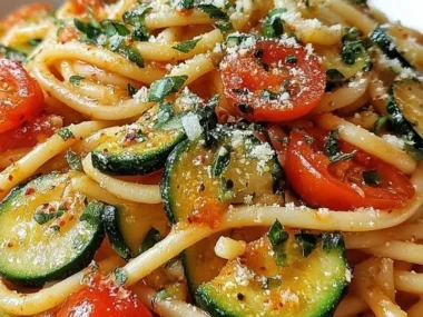 Delicious Tomato Zucchini Pasta garnished with fresh herbs