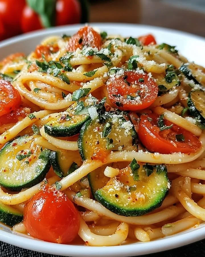 Delicious Tomato Zucchini Pasta garnished with fresh herbs