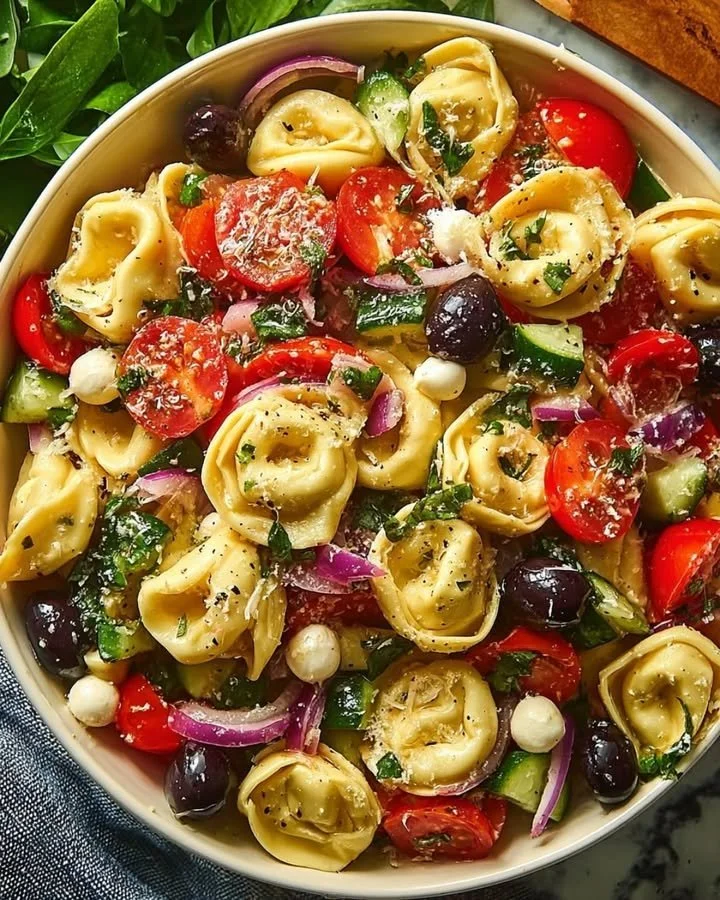 Colorful tortellini salad with fresh vegetables and dressing