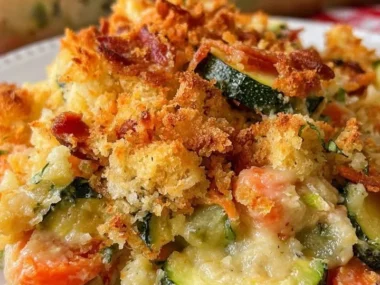 Zucchini Bacon Ranch Casserole topped with stuffing mix