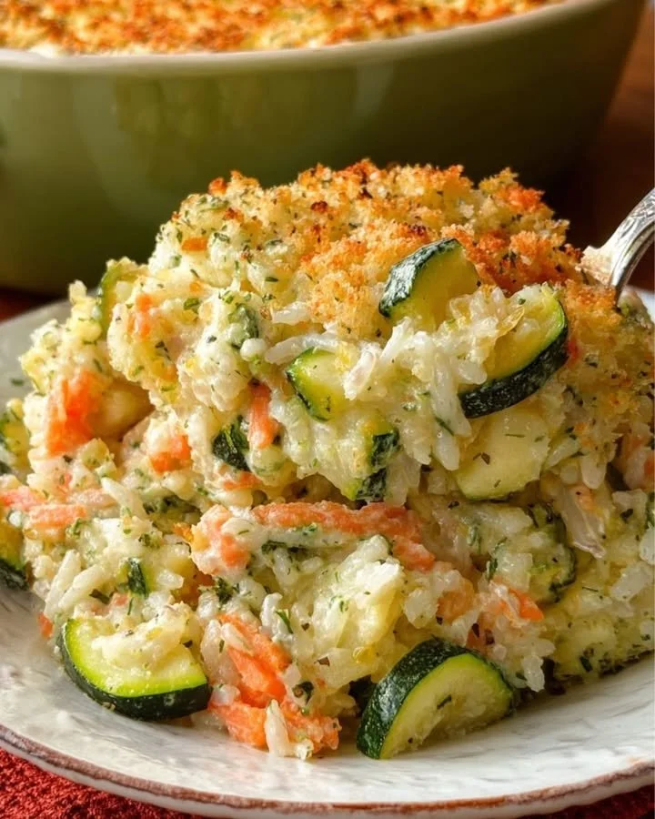 Zucchini rice casserole topped with stuffing mix in a baking dish