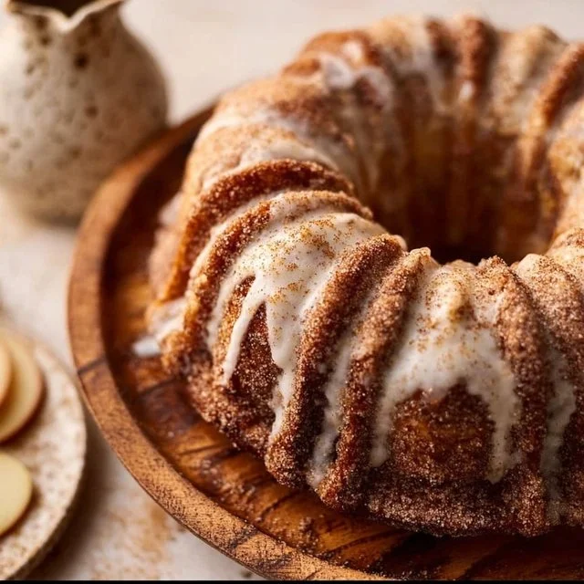 Slice of apple cider donut cake topped with glaze and cinnamon