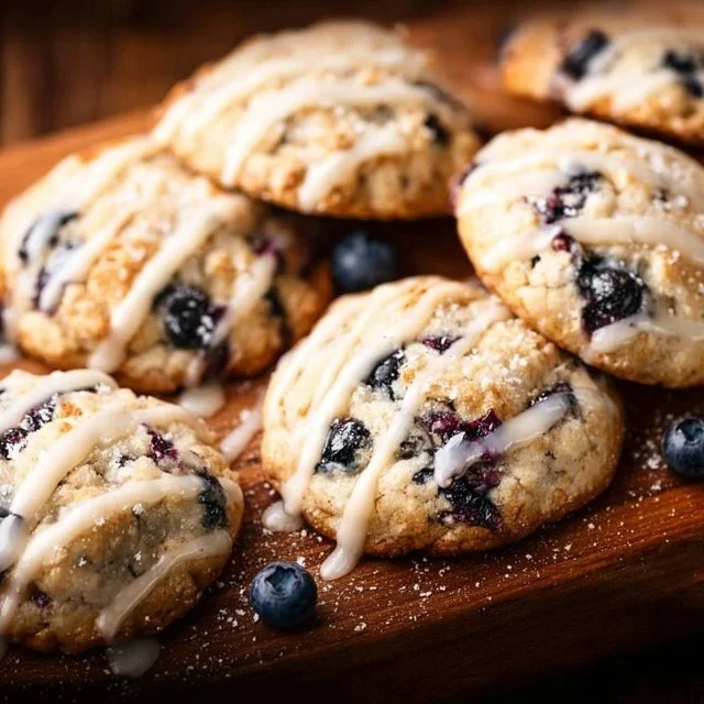 Freshly baked blueberry muffin cookies on a cooling rack