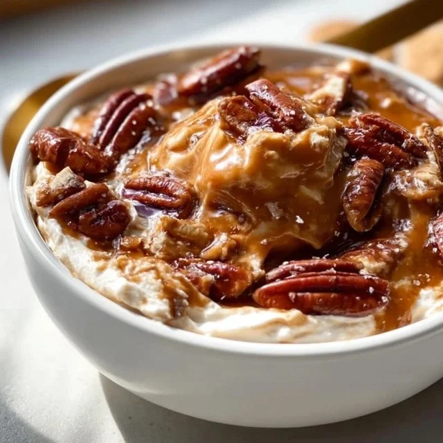 Bourbon Pecan Pie Dip served in a vibrant dish with pecans and caramel drizzle