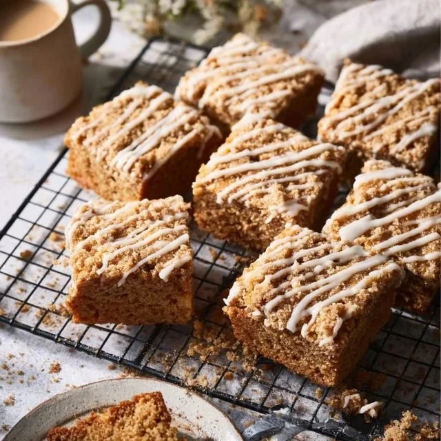 Delicious Brown Butter Maple Crumb Cake with a golden crumb topping
