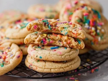 Chewy birthday cake cookies with colorful sprinkles on a plate