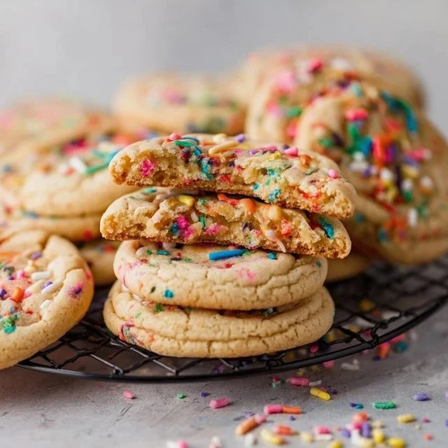 Chewy birthday cake cookies with colorful sprinkles on a plate