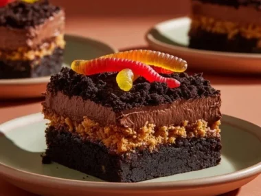 Delicious chocolate pudding dirt cake with crushed cookies and gummy worms