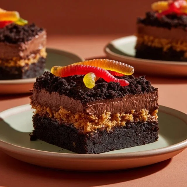 Delicious chocolate pudding dirt cake with crushed cookies and gummy worms
