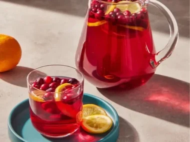 Homemade cranberry juice served in a glass with fresh cranberries