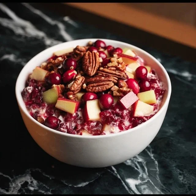 Fresh and colorful cranberry salad served in a bowl with nuts and greens