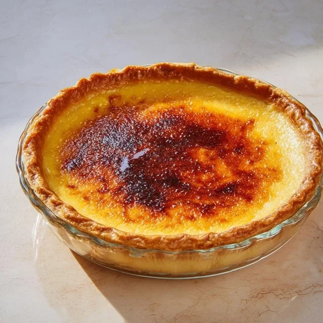 Delicious Creme Brulee Pie with caramelized sugar topping and custard filling