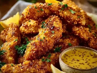 Crispy mustard chicken tenders served with dipping sauce