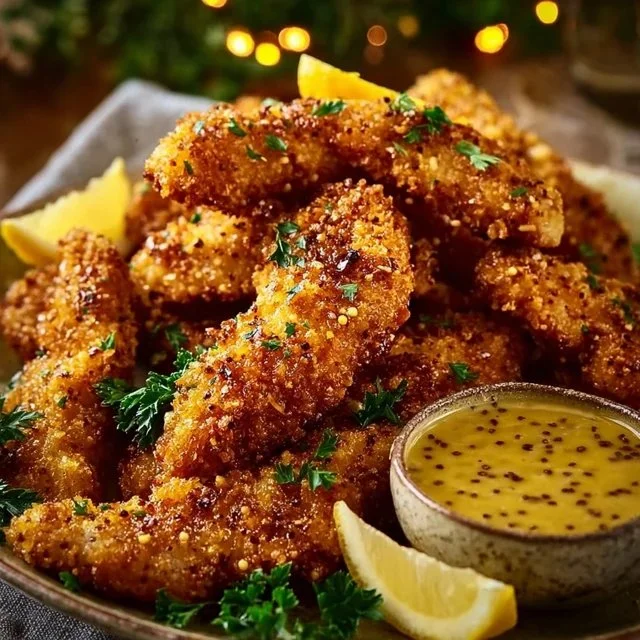 Crispy mustard chicken tenders served with dipping sauce