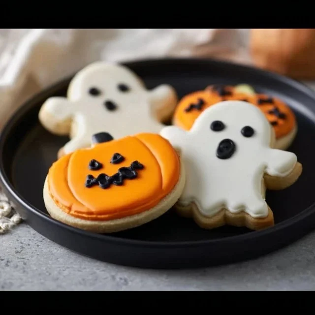 A tray of decorated Halloween cookies in spooky shapes and colors.