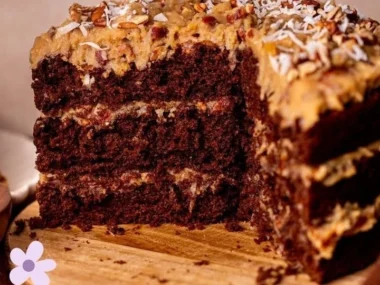 Delicious slice of German Chocolate Cake with coconut-pecan frosting