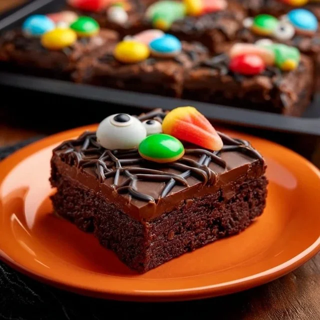 Halloween brownie treats with spooky decorations and chocolate drizzle