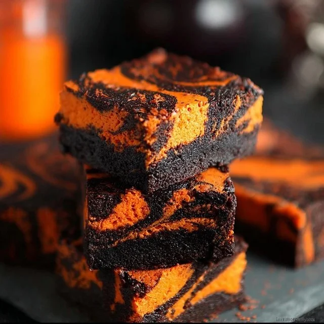Halloween cream cheese swirl brownies with a festive presentation