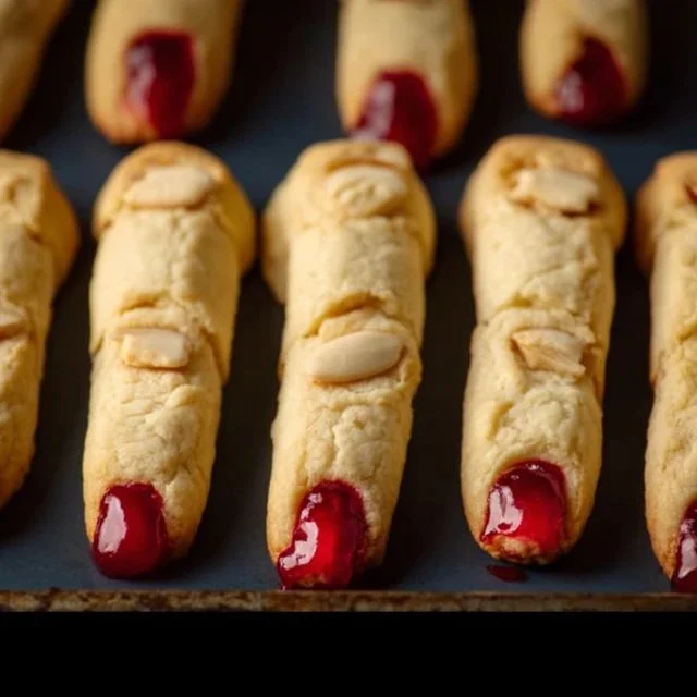 Spooky Halloween finger cookies decorated to look like fingers