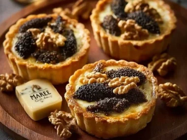 A delicious morel tart featuring flaky pastry and fresh morel mushrooms, garnished elegantly.