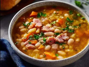 Instant Pot Ham & Navy Bean Soup in a bowl, garnished with herbs.