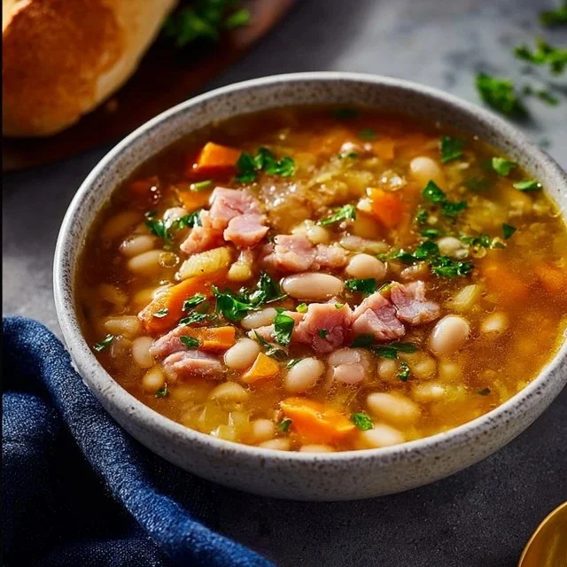 Instant Pot Ham & Navy Bean Soup in a bowl, garnished with herbs.