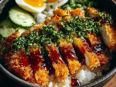 Delicious Chicken Katsu Bowl garnished with vegetables and sauces