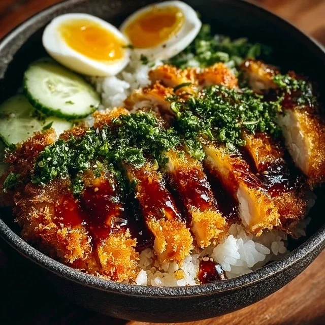 Delicious Chicken Katsu Bowl garnished with vegetables and sauces