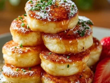 Delicious mini pancake poppers served with syrup and fruit.