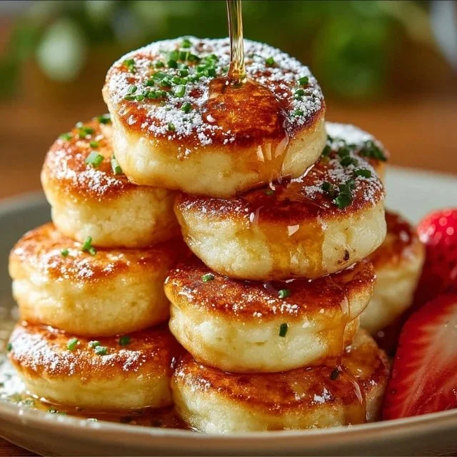 Delicious mini pancake poppers served with syrup and fruit.