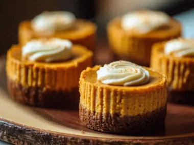 Mini pumpkin cheesecakes topped with whipped cream and a sprinkle of cinnamon.
